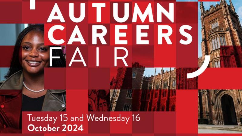 red background with person standing inside it and text saying Autumn careers fair